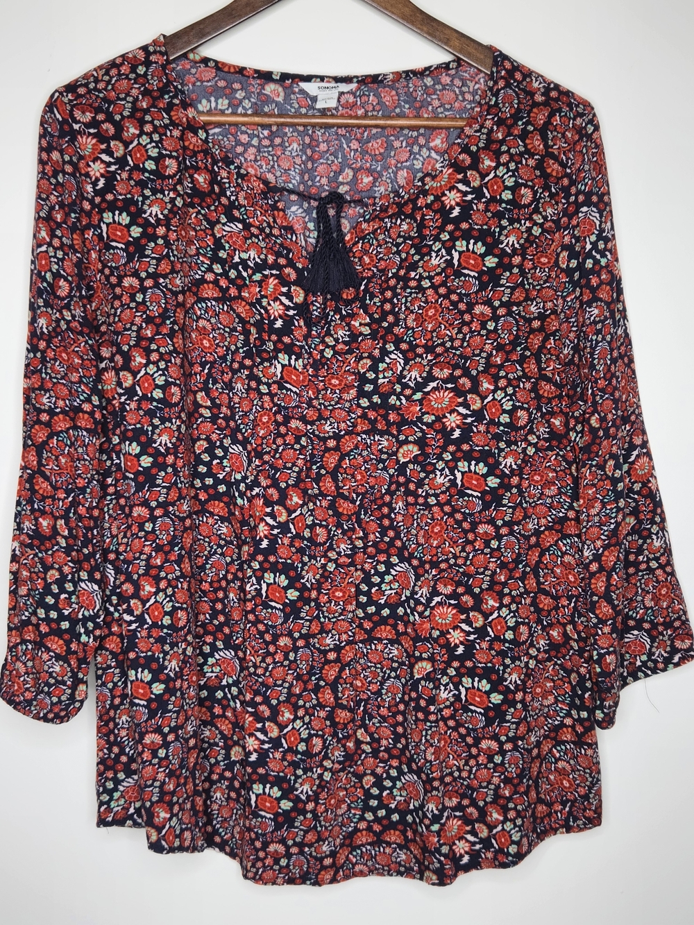 Sonoma Navy Tunic with Red Floral Pattern - Boho Festival Style Womens Size L